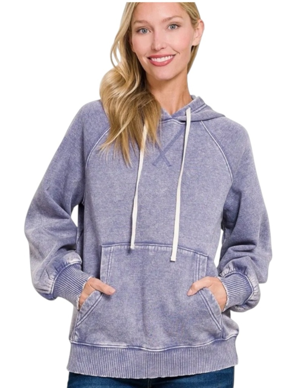 💐 Zenana Acid Wash Fleece Hoodie with Kangaroo Pocket Sizes S, M, and L New! - Picture 3 of 6